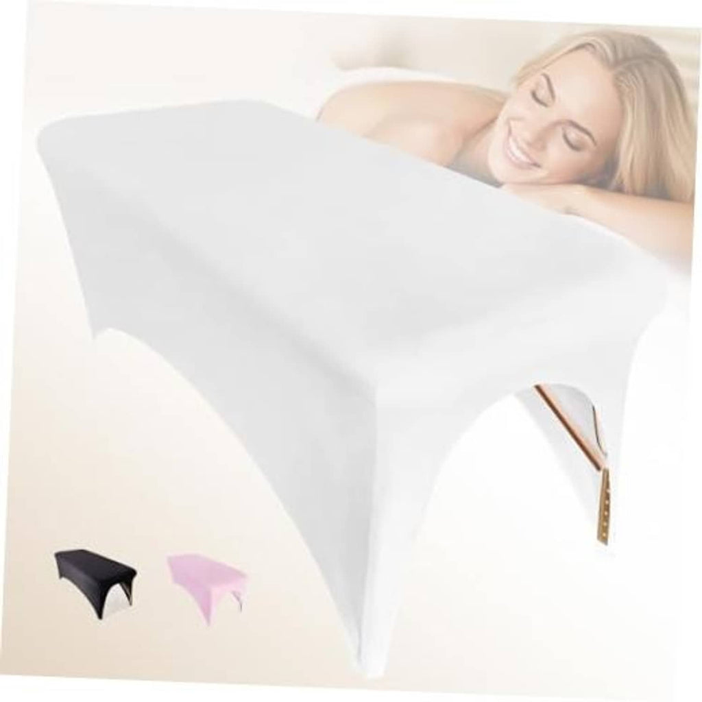 White stretchy spa bed cover with open foot section and fitted sides