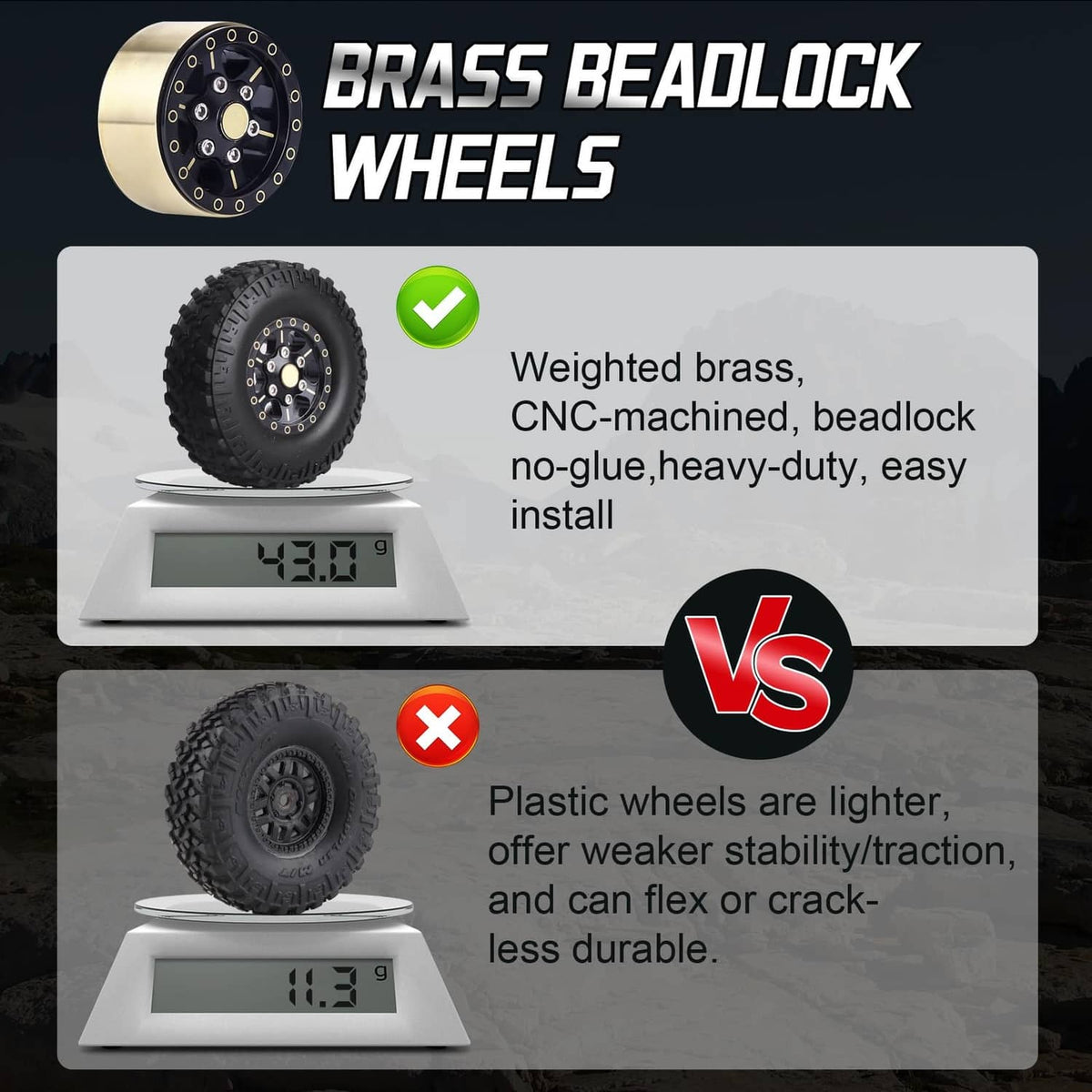 Brass beadlock wheel rims with black tires and detailed bolt ring