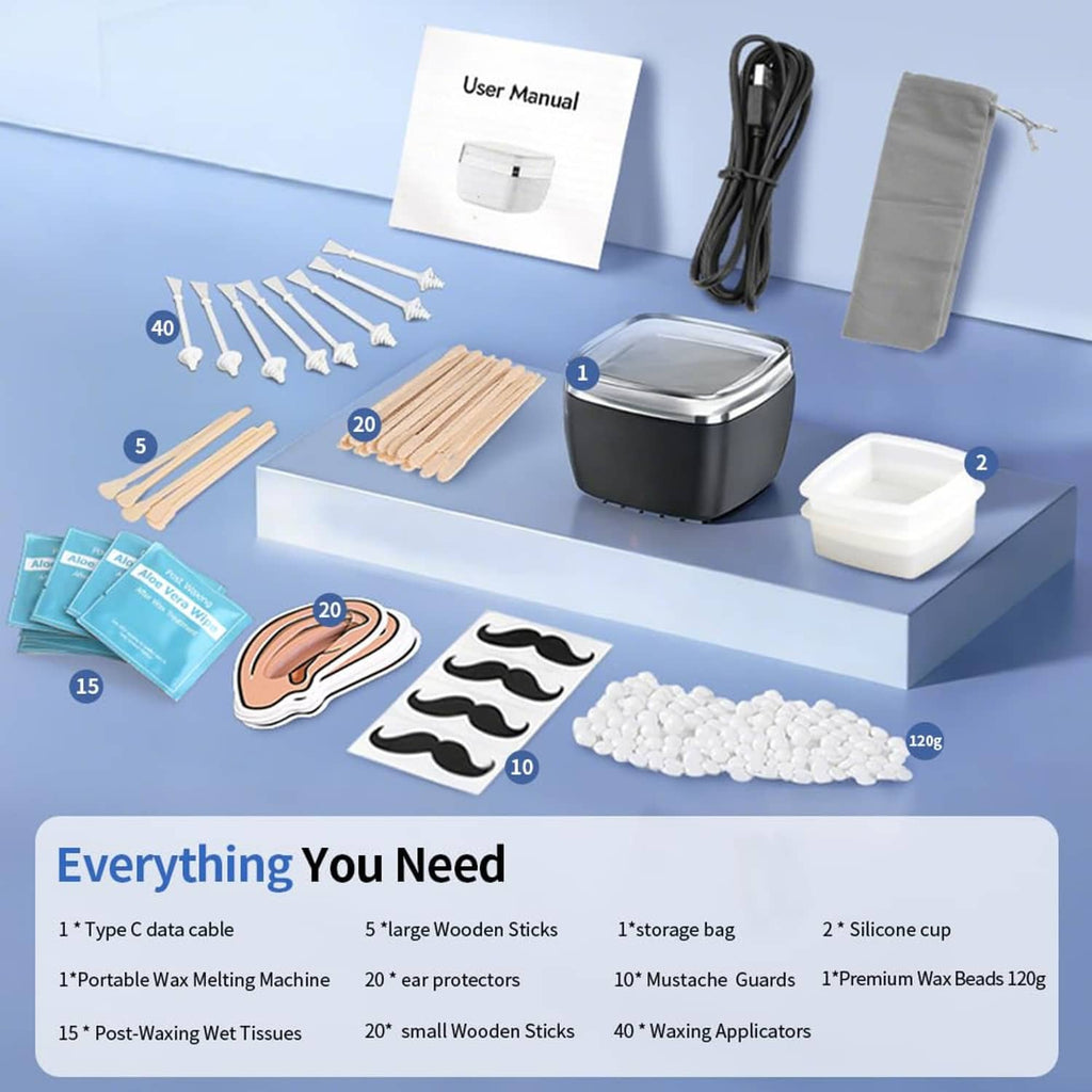 Nose wax kit accessories layout with manual, cable, storage pouch, sticks, guards, and wax beads