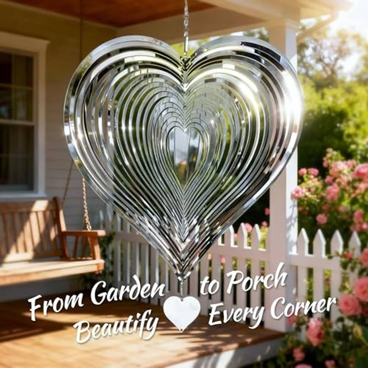 Hanging stainless steel heart wind spinner with reflective curved strip pattern