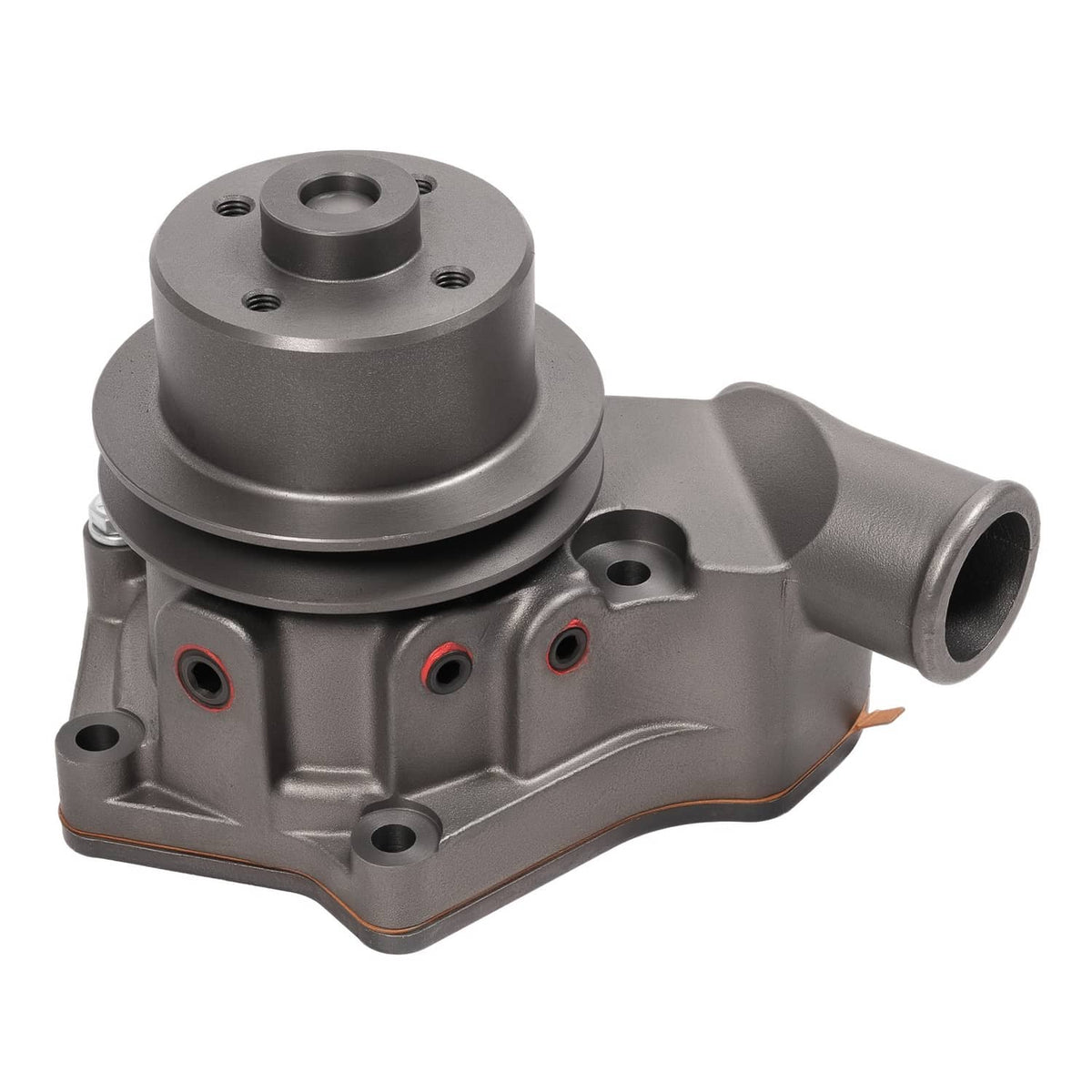 Water pump with pulley and side outlet, gray cast metal housing with bolt holes