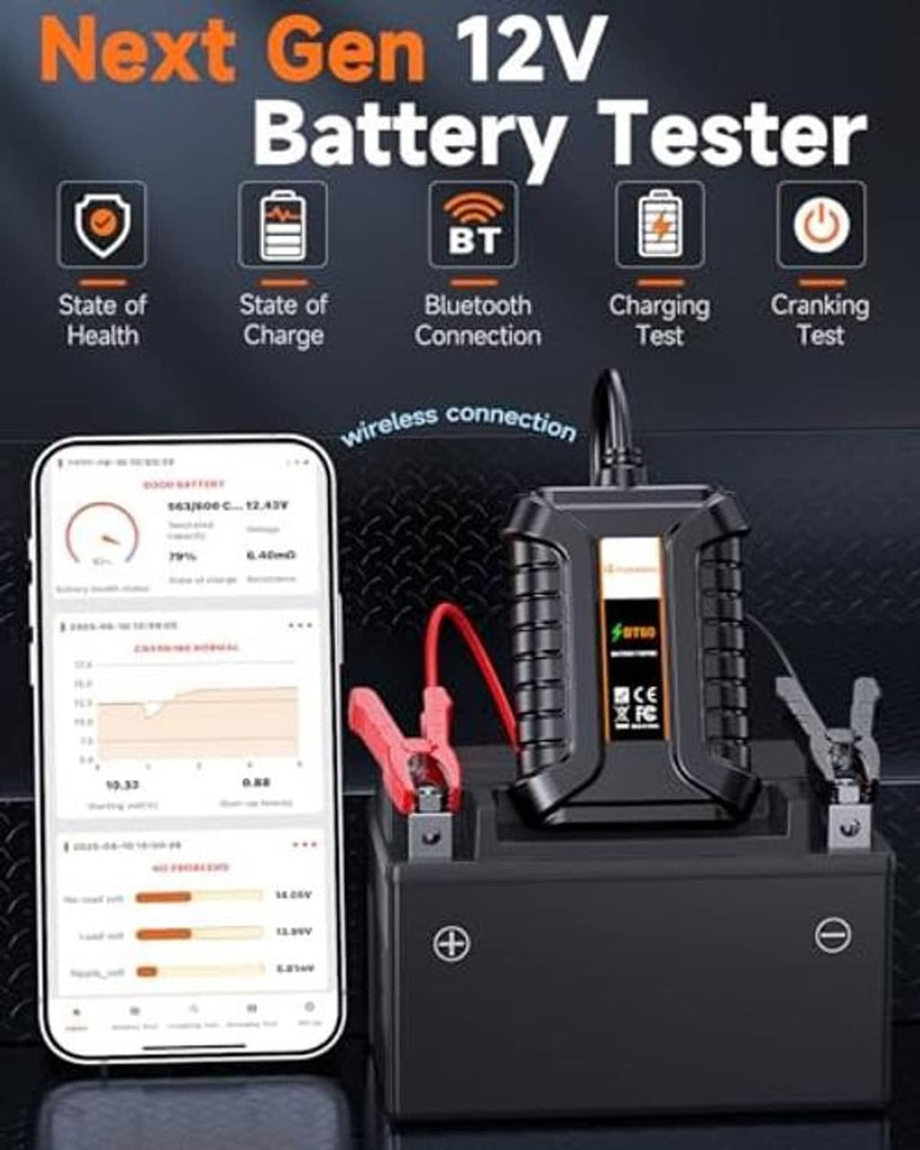12V battery tester kit with Bluetooth tester unit, phone display, and clamps