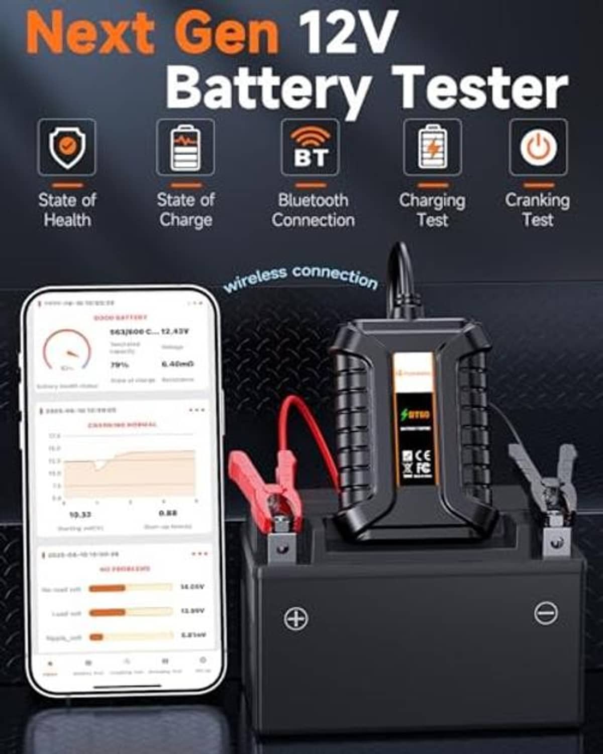 12V battery tester kit with Bluetooth tester unit, phone display, and clamps