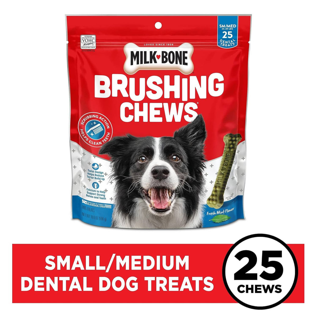 Milk-Bone Brushing Chews small/medium 25 dental dog treats count on red bag