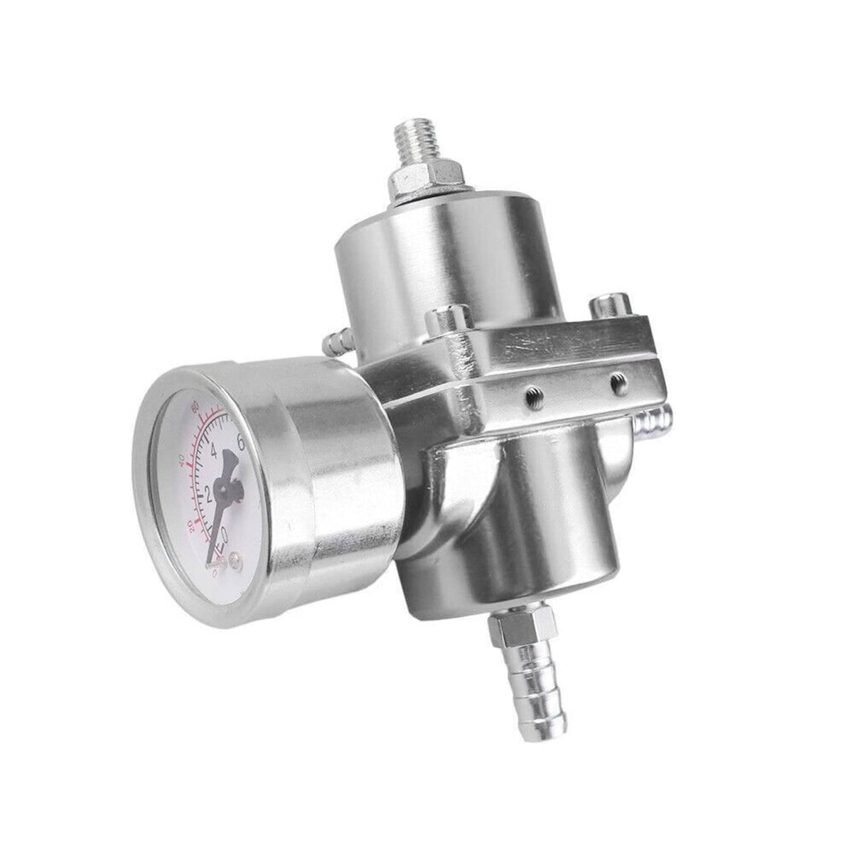 Side view adjustable fuel pressure regulator with dial gauge, metal mounting bracket, and hose ports