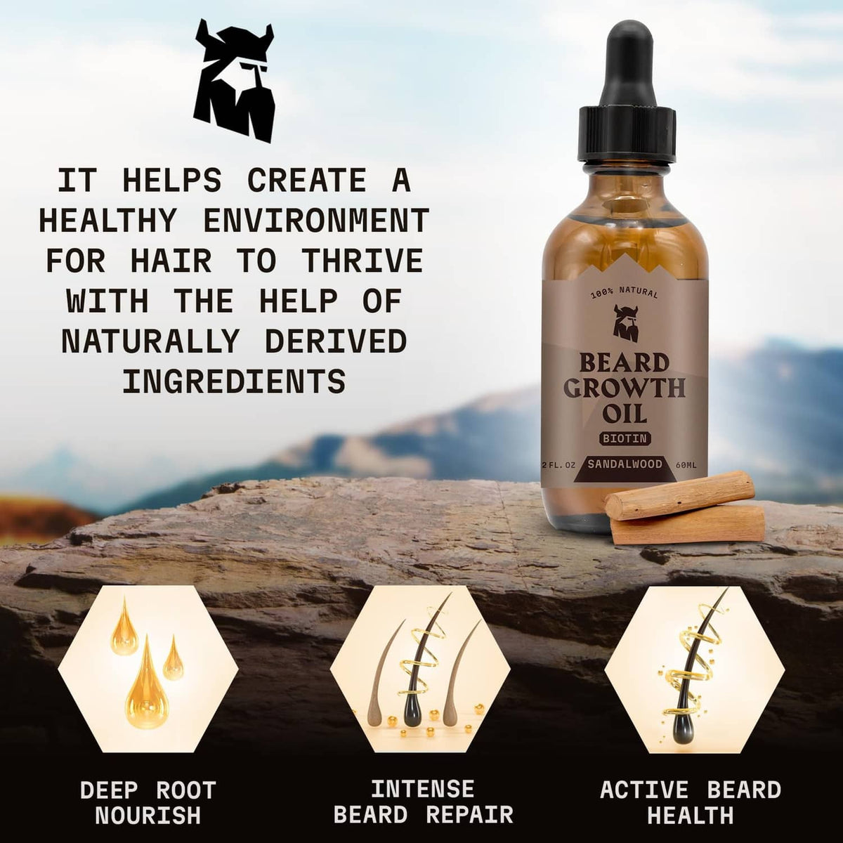 Beard growth oil bottle with deep root nourish and beard repair benefits icons