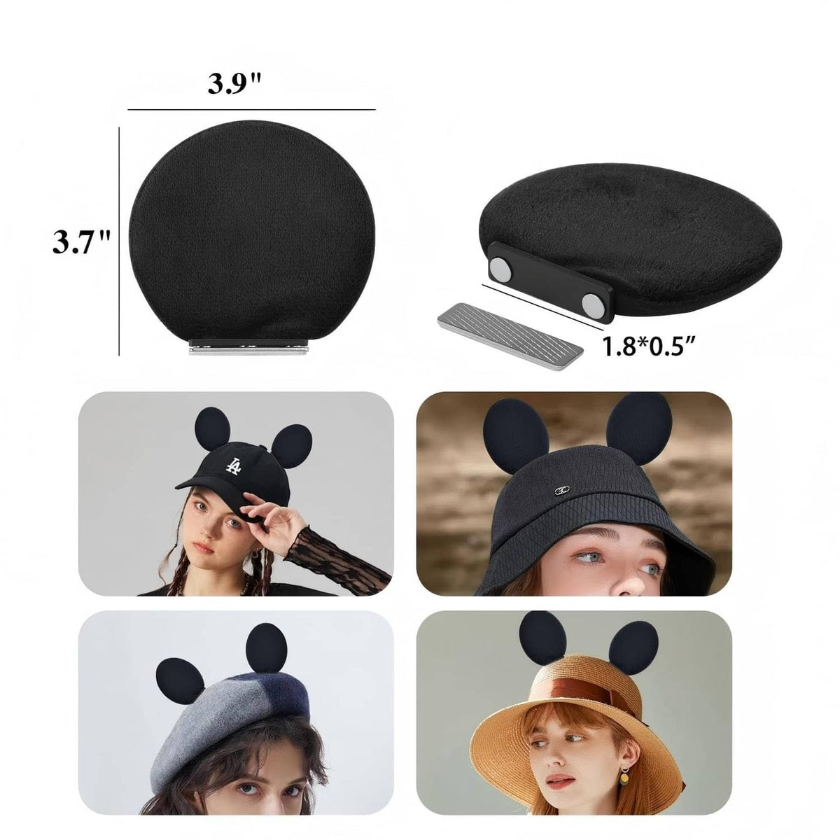 Black magnetic mouse-ear panels with small magnet strips, shown with size measurements.
