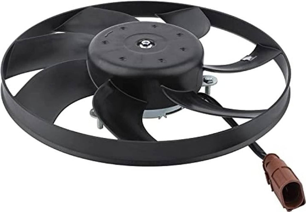 Black radiator cooling fan with curved blades and brown two-wire connector