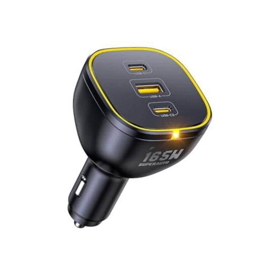 Black car laptop charger adapter with three USB ports on a yellow-trim head.