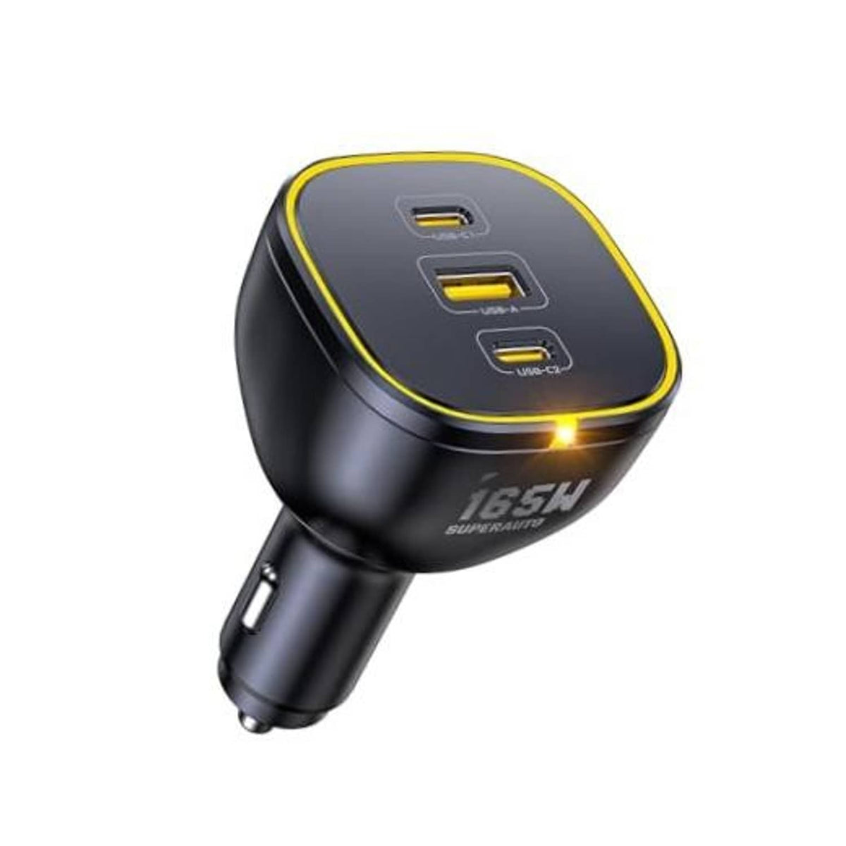 Black car laptop charger adapter with three USB ports on a yellow-trim head.