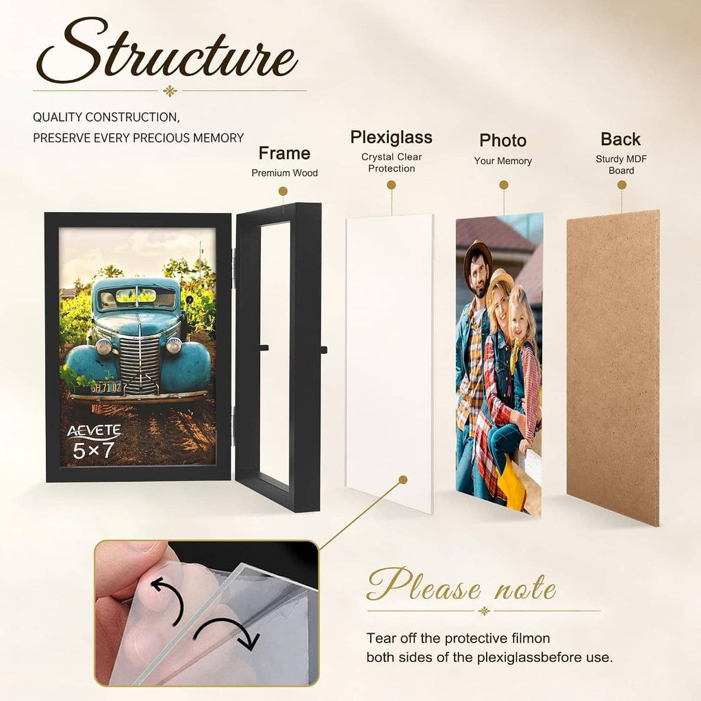 Black folding wood photo frame components: frame, plexiglass, hinge, and backing board