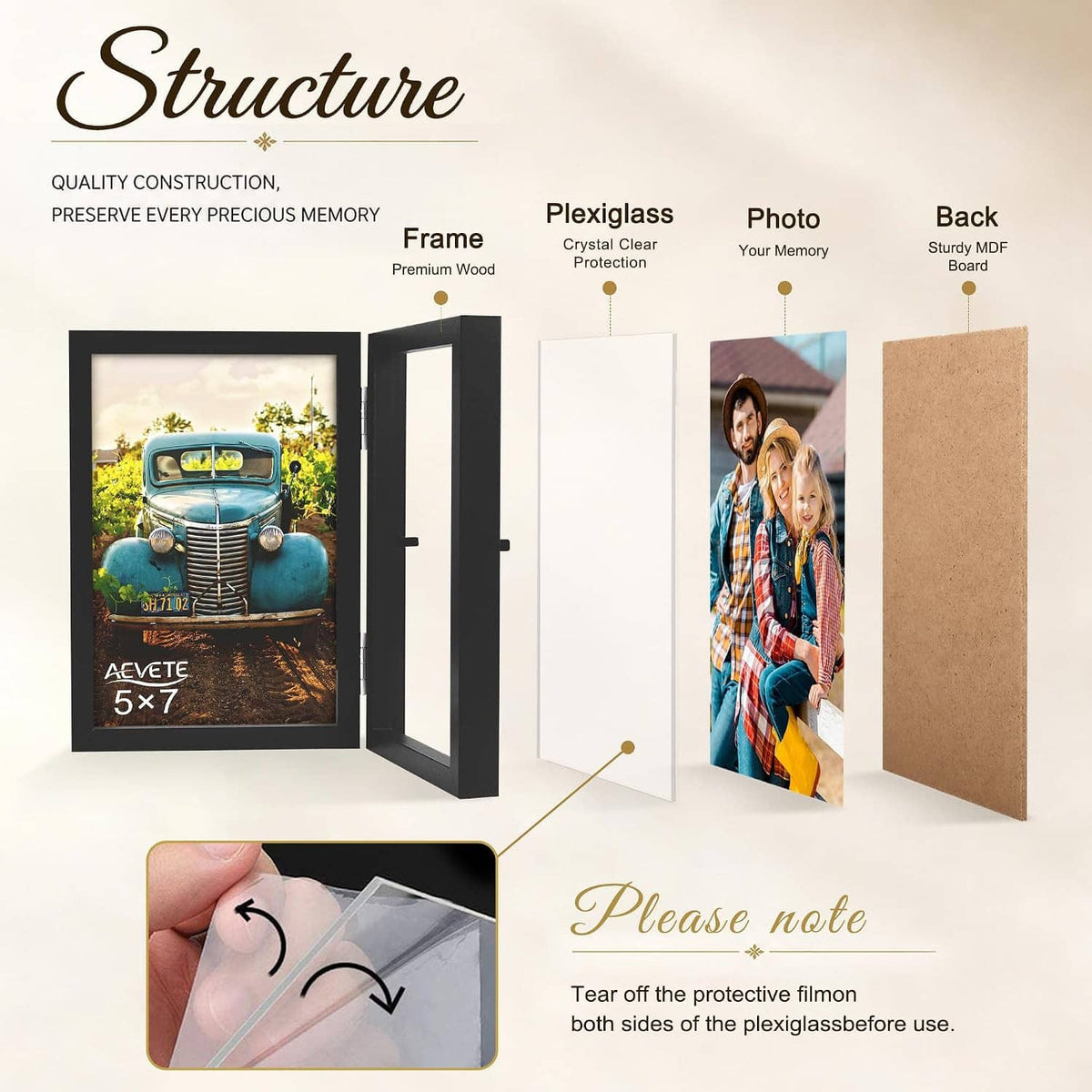 Black folding wood photo frame components: frame, plexiglass, hinge, and backing board
