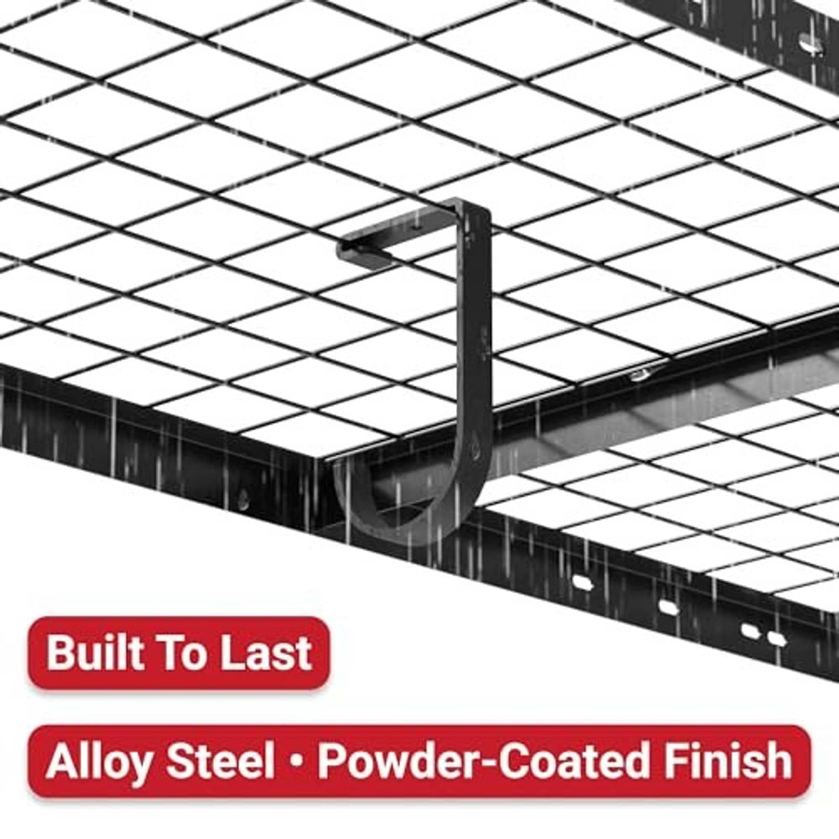 Black flat-top storage hook attached to a wire mesh ceiling rack underside