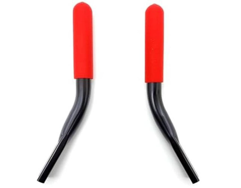 Pair of wheelchair brake handle extensions with red end grips on curved black arms