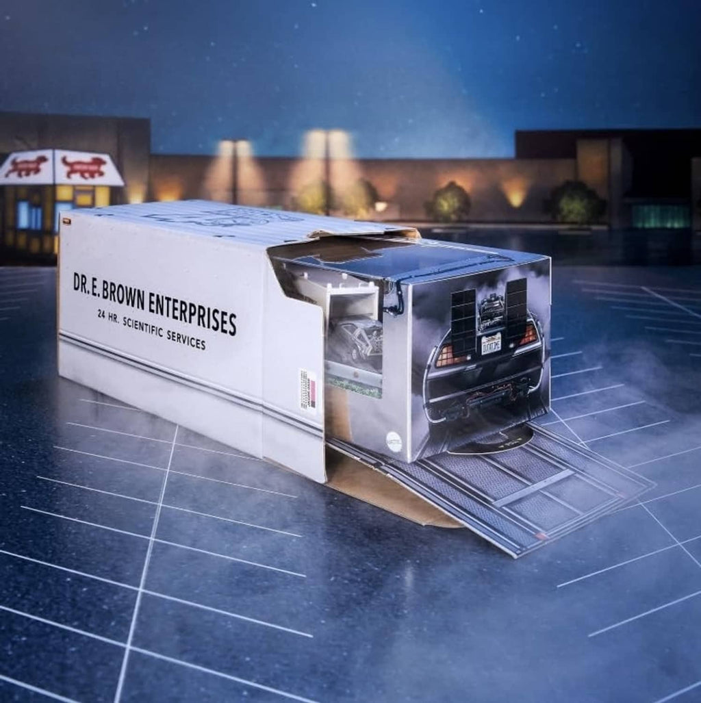 1:64 die-cast white transport box with open rear ramp and black car inside
