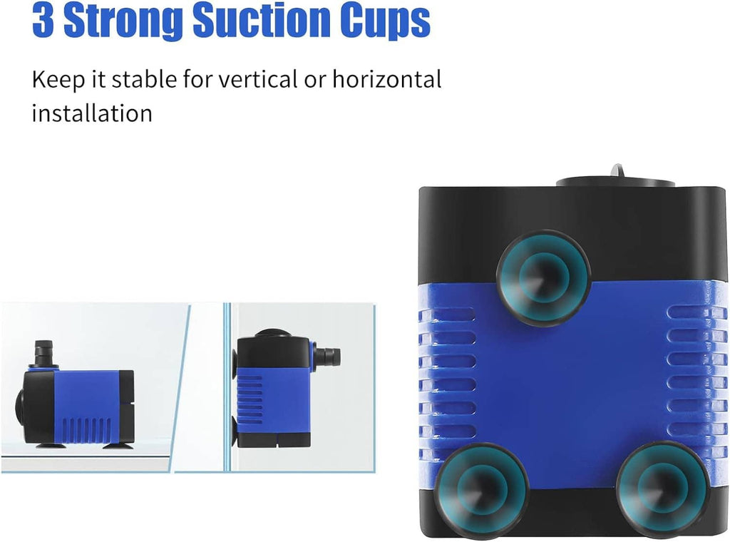 Blue and black submersible water pump with three suction cups for stable mounting