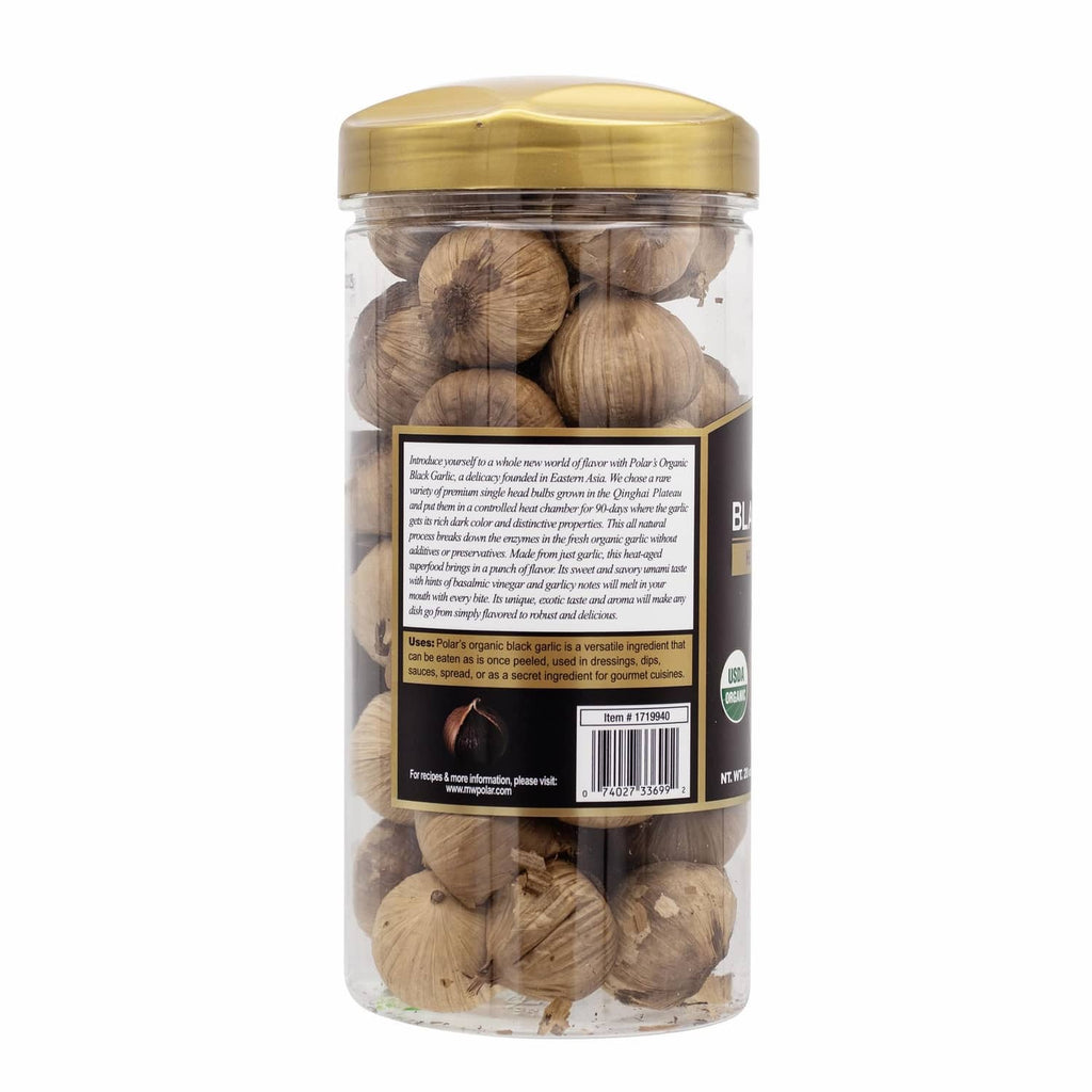Organic black garlic whole bulbs jar with ingredients label and gold lid