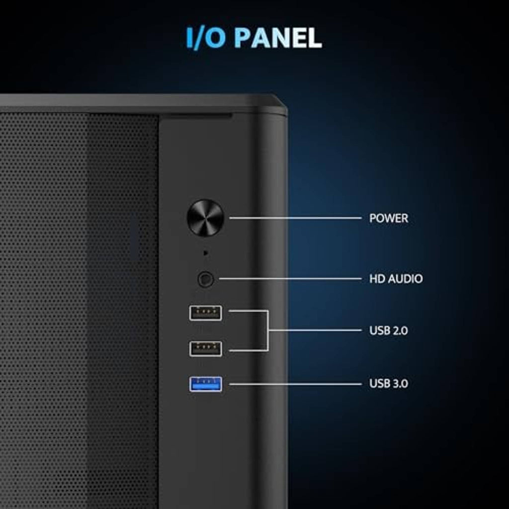 Black PC case I/O panel with power, HD audio, USB 2.0, and USB 3.0 ports