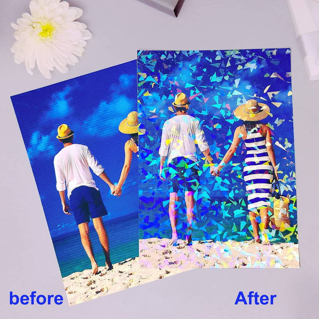 Holographic sticker paper sheet showing a blue shimmering scene