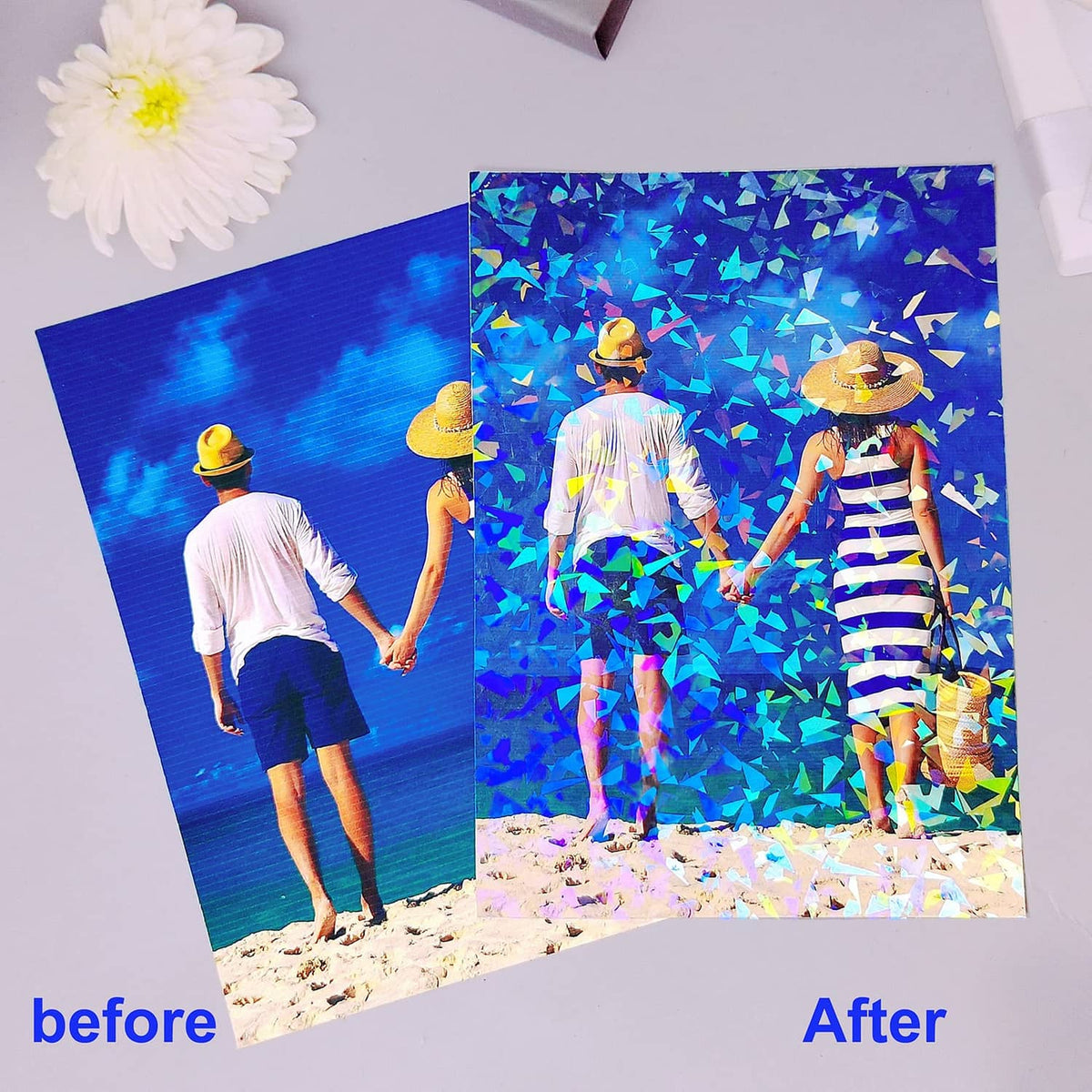 Holographic sticker paper sheet showing a blue shimmering scene