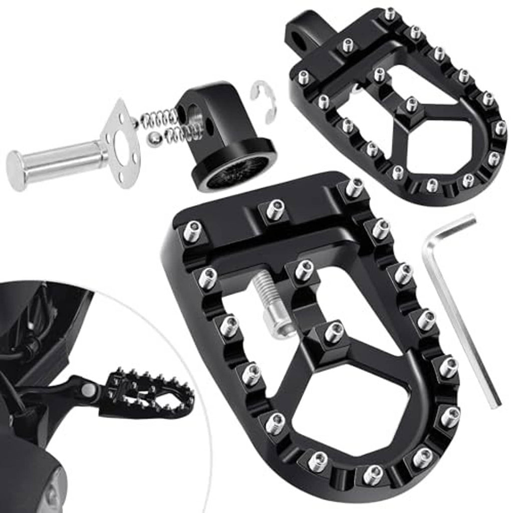 Black toothed motorcycle foot peg with adjustable bracket and silver mounting pin