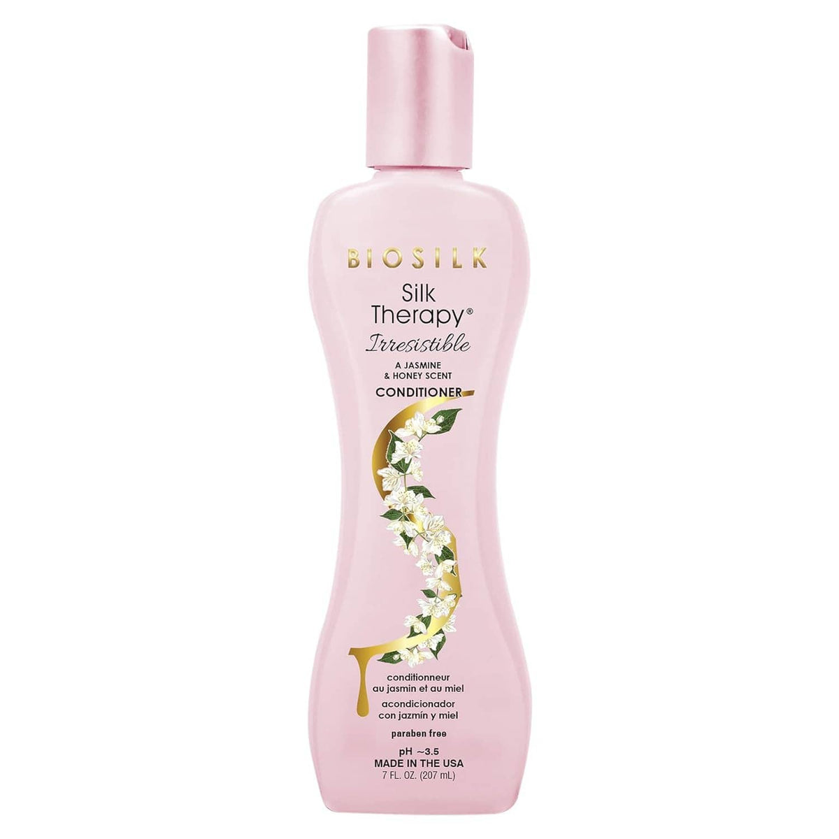 Pink Biosilk Silk Therapy Irresistible conditioner bottle with floral vine artwork