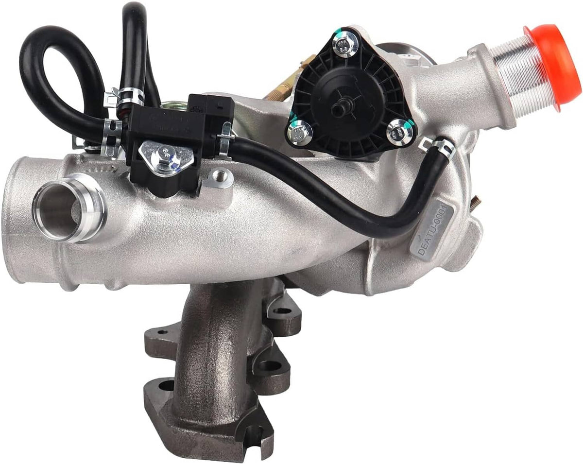 Turbocharger assembly with inlet and oil return line, black hoses and mounting bracket