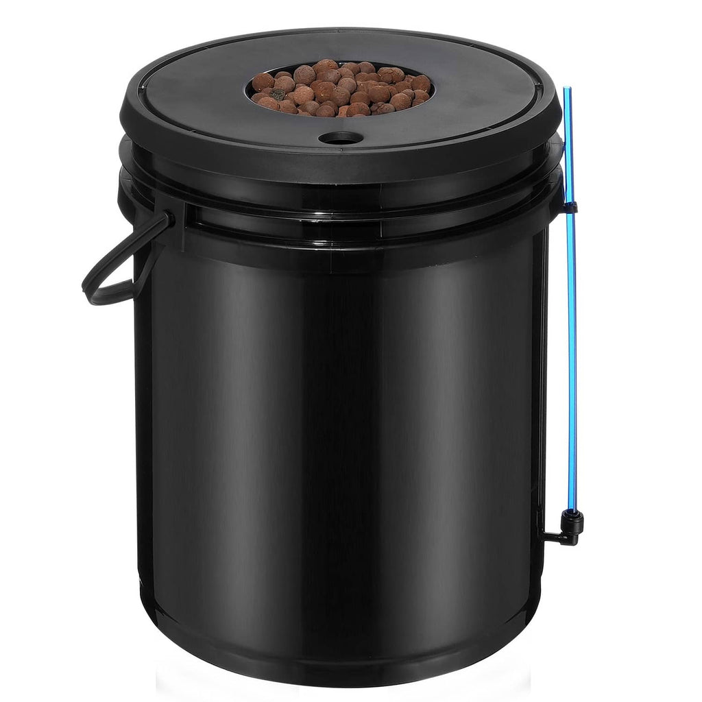 Black DWC hydroponic bucket with top hole, side handle, blue tubing tube connector
