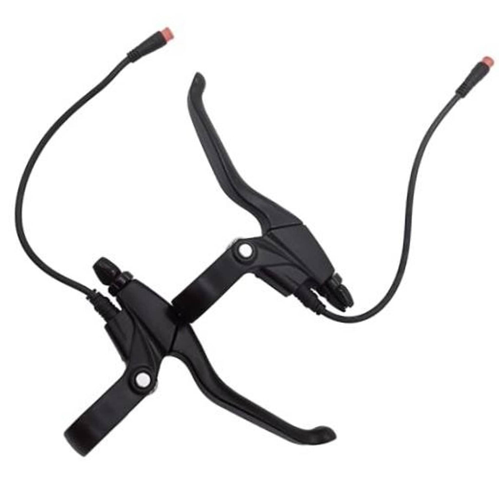 Black brake lever pair with wire harness and waterproof connector ends with red tips.