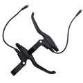 Black brake lever pair with wire harness and waterproof connector ends with red tips.