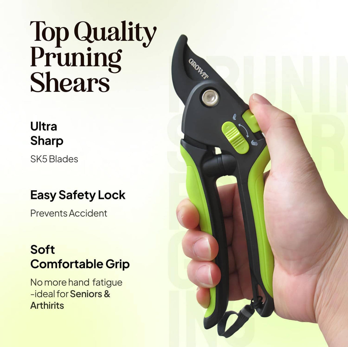 Black and neon green hand-held pruning shears with thumb safety lock button