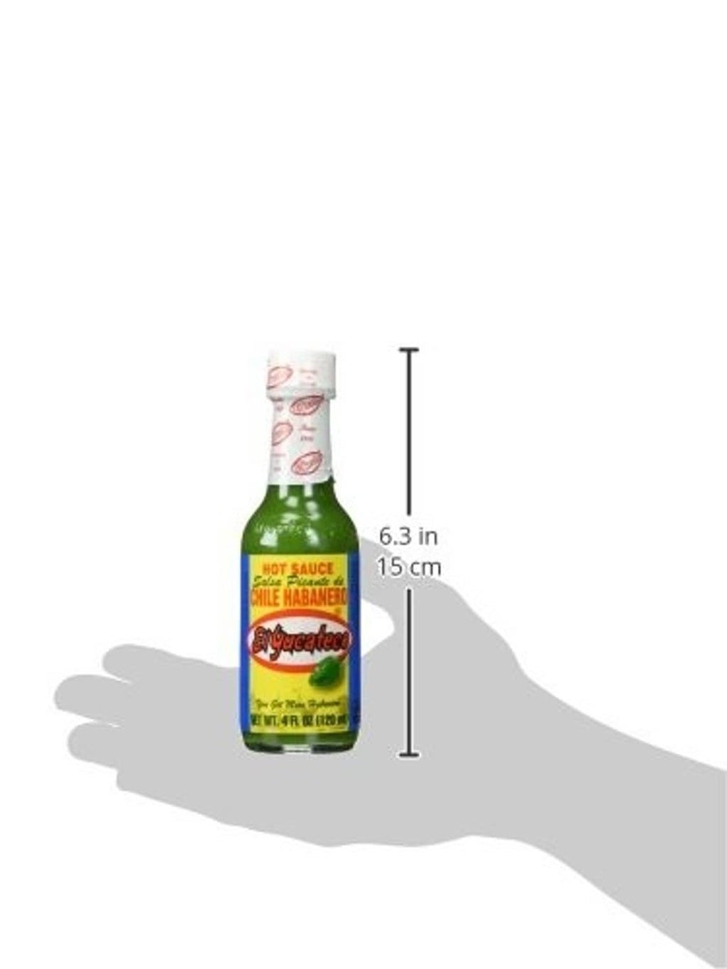 Small green hot sauce bottle shown with height measurement