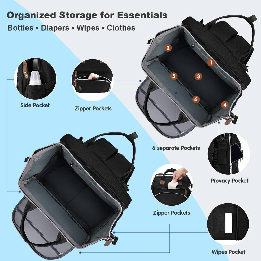 Black diaper bag backpack with multiple zip pockets and side organizer compartments