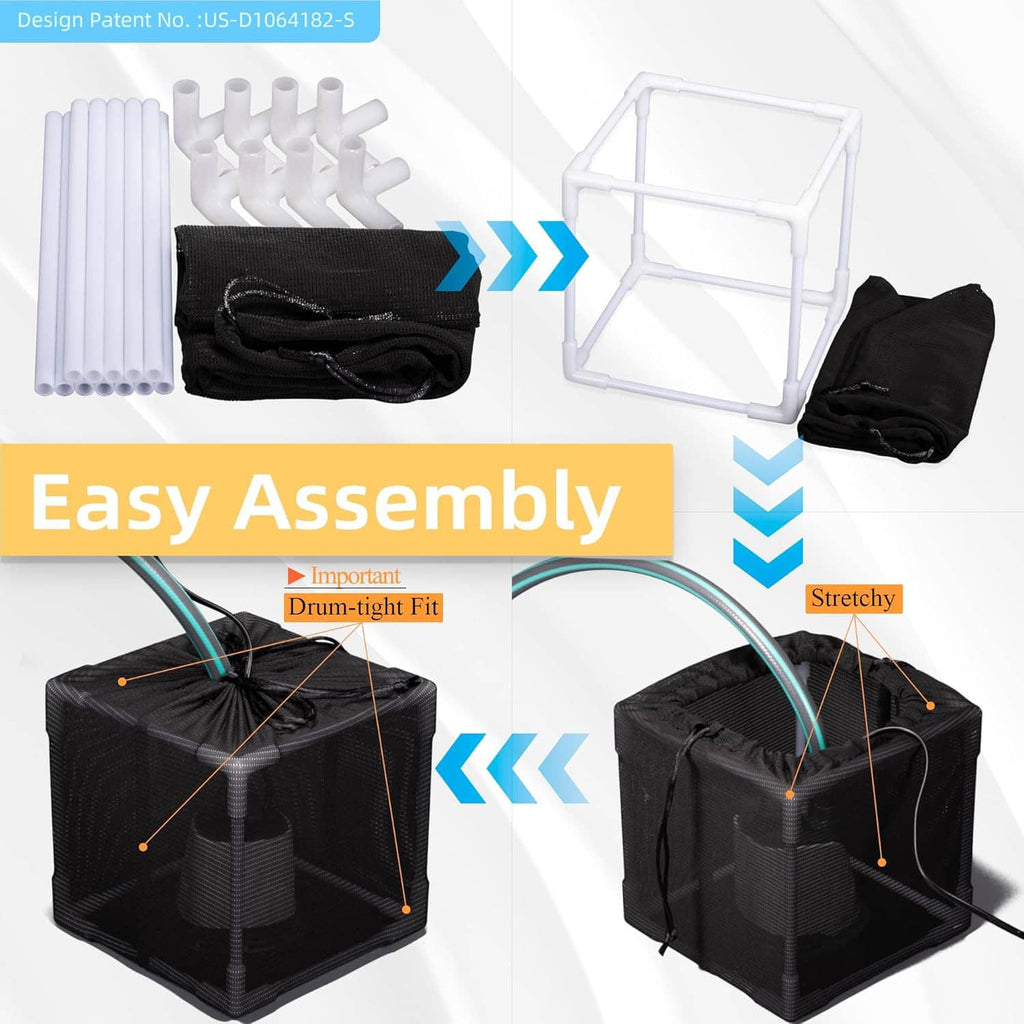 Black pond filter barrier bag basket with bundled cord and white support frame