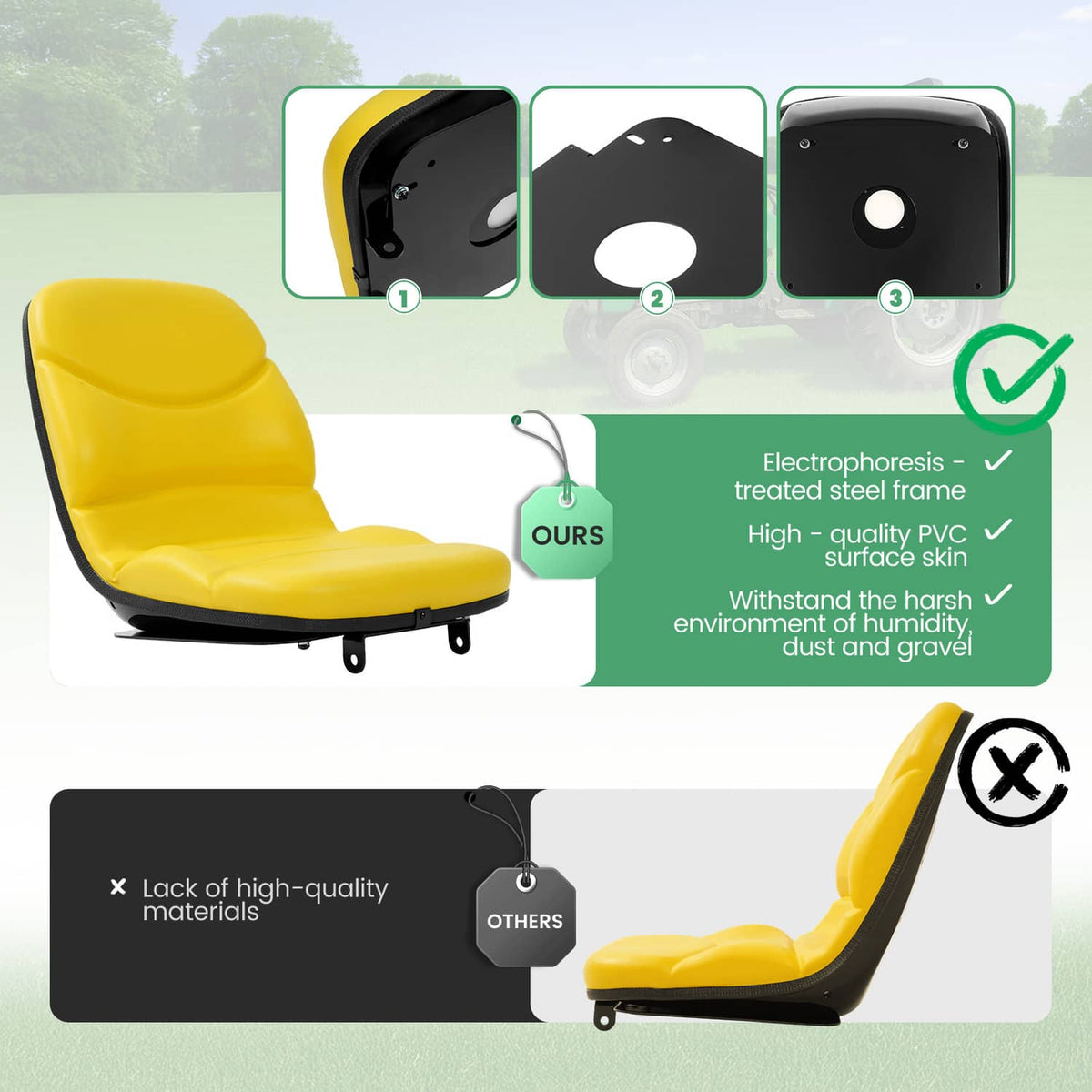 Yellow tractor seat with black underside plate and mounting holes for installation