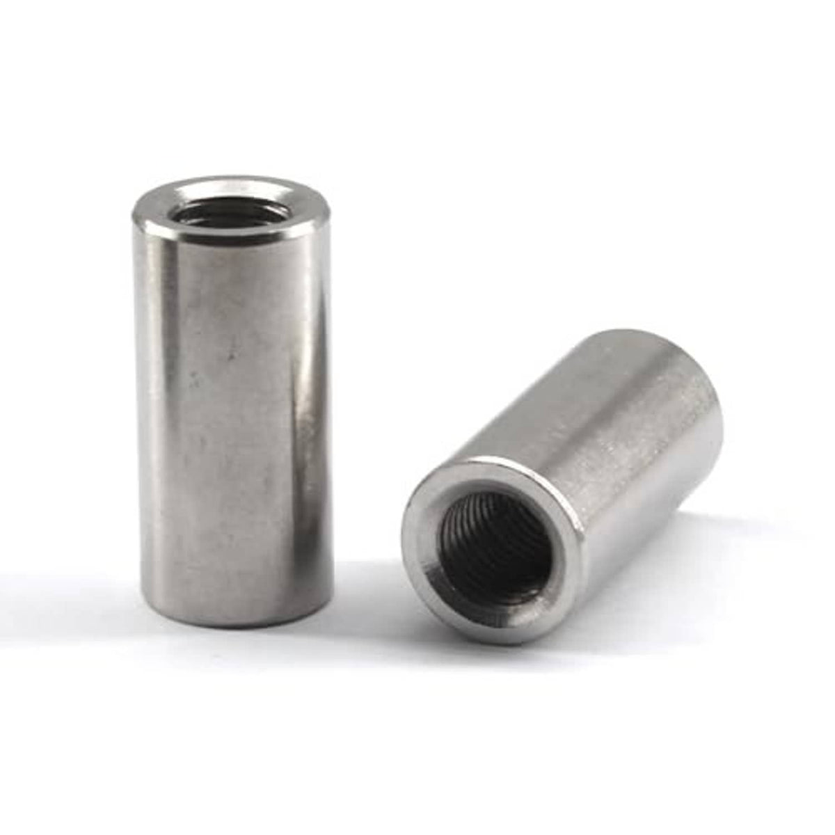 Stainless steel sleeve nuts, two angles showing internal threaded openings