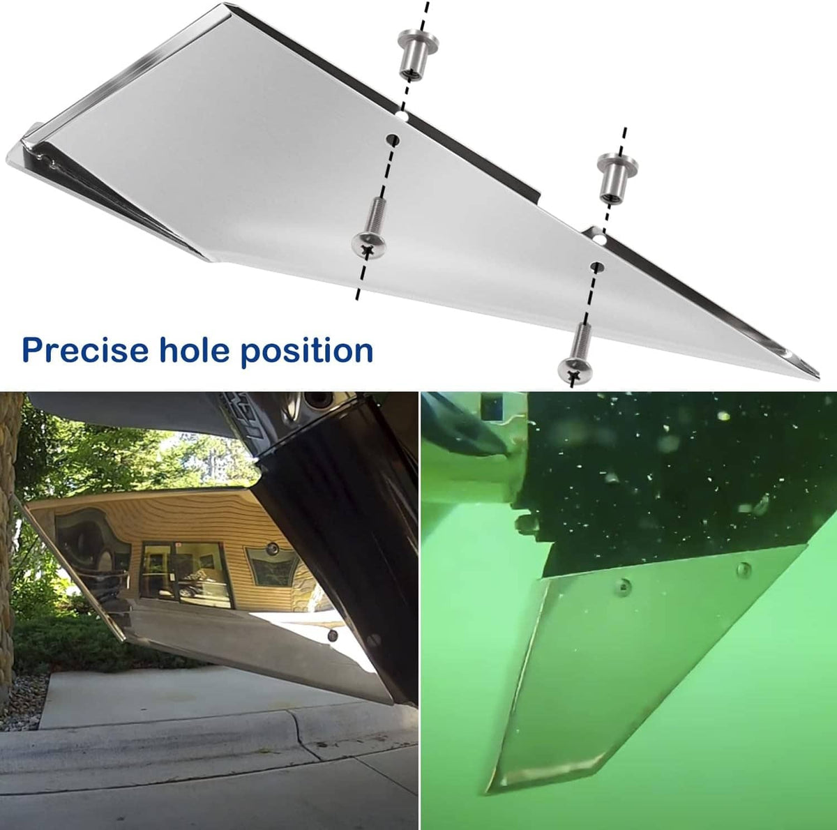 Silver skeg guard with pre-drilled holes and attached mounting hardware, angled