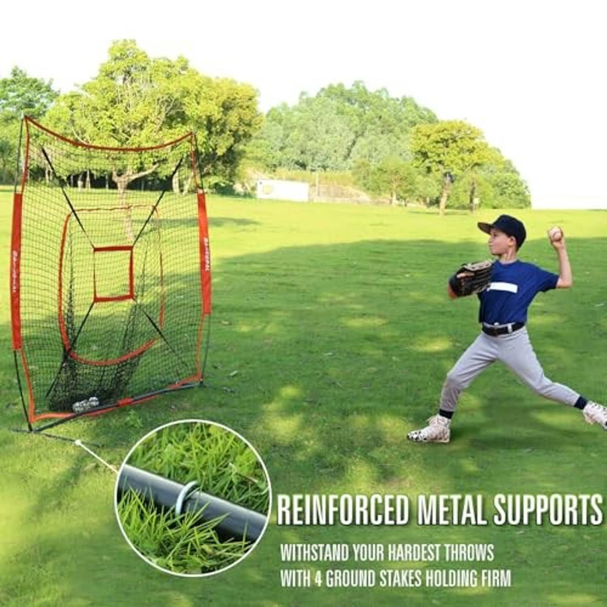 Red baseball practice net with reinforced metal supports and strike zone target