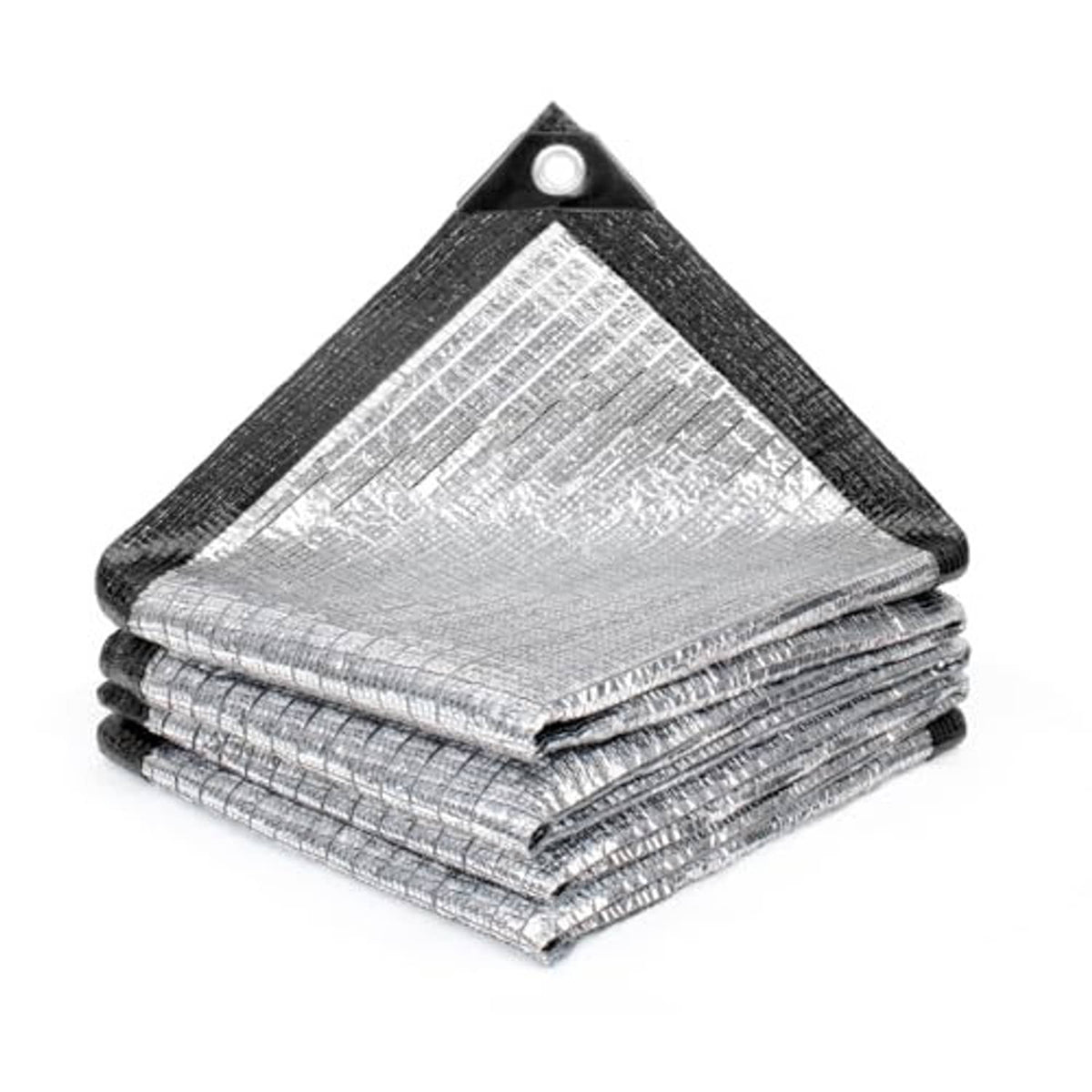 Folded reflective silver tarp fabric with black edging and corner grommets