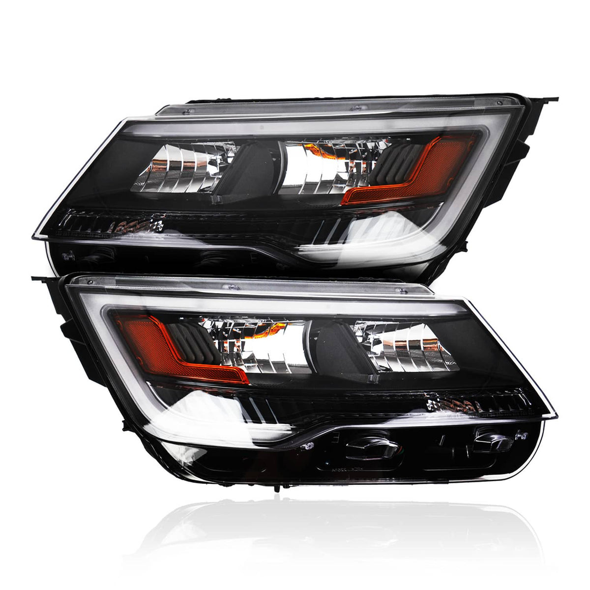 Pair of black headlight assemblies with amber side markers and clear projector lens