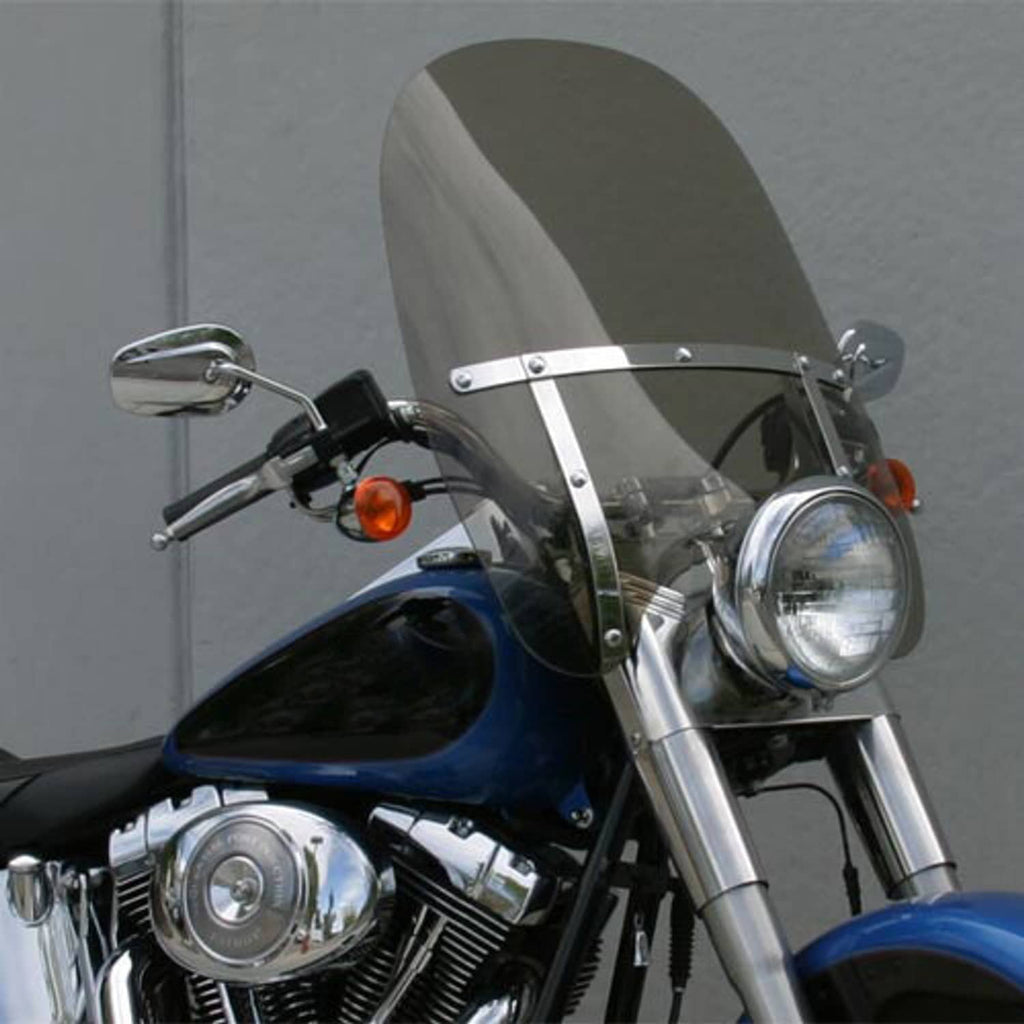 Smoke motorcycle windshield with chrome bracket and hardware, mounted at the front.