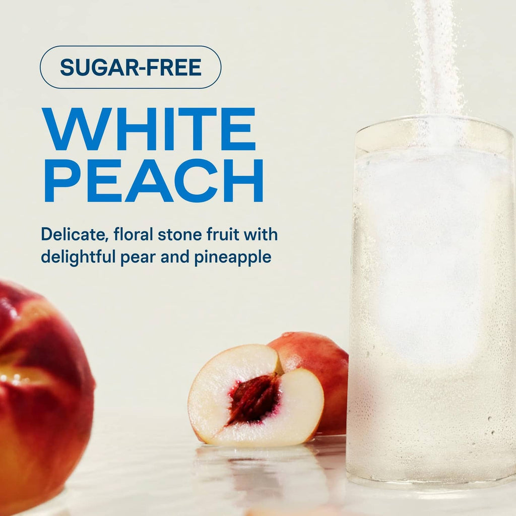 Liquid I.V. white peach sugar-free hydration electrolyte mix label with glass drink
