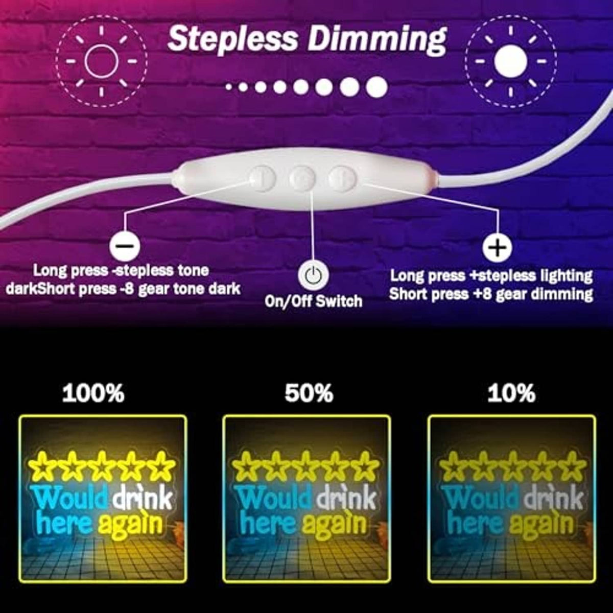 Neon wall sign with step-less dimming control and on/off switch for adjustable brightness.