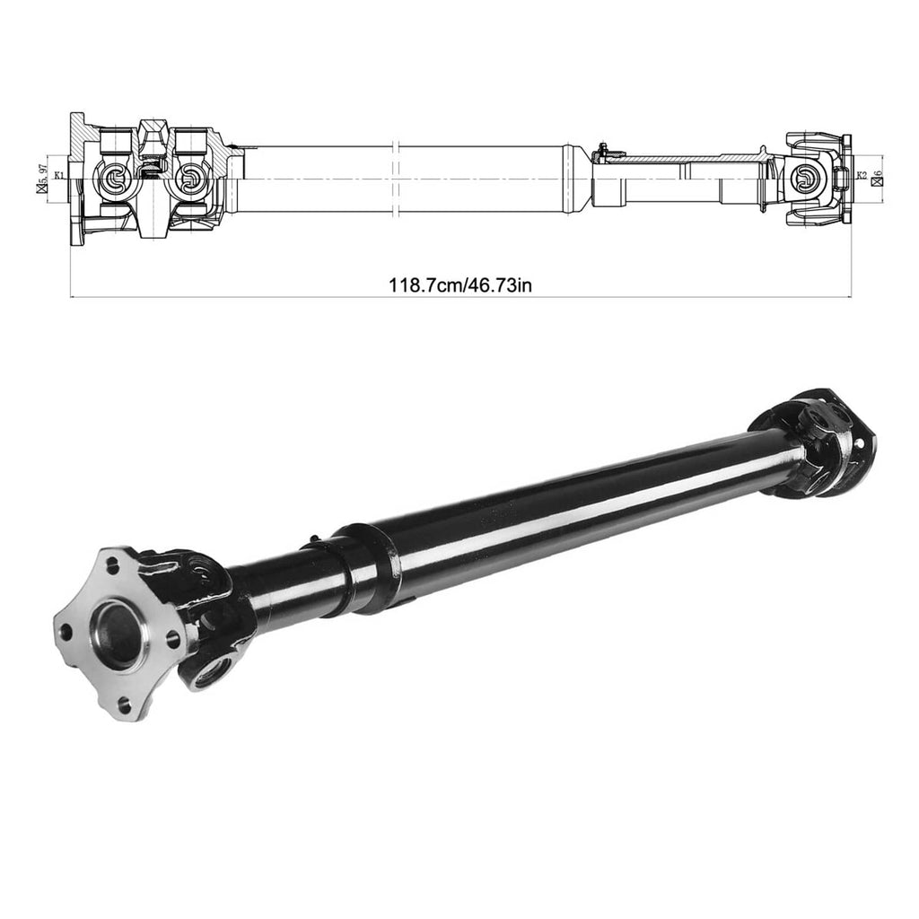Rear drive shaft assembly with yoke ends and black tube, side view