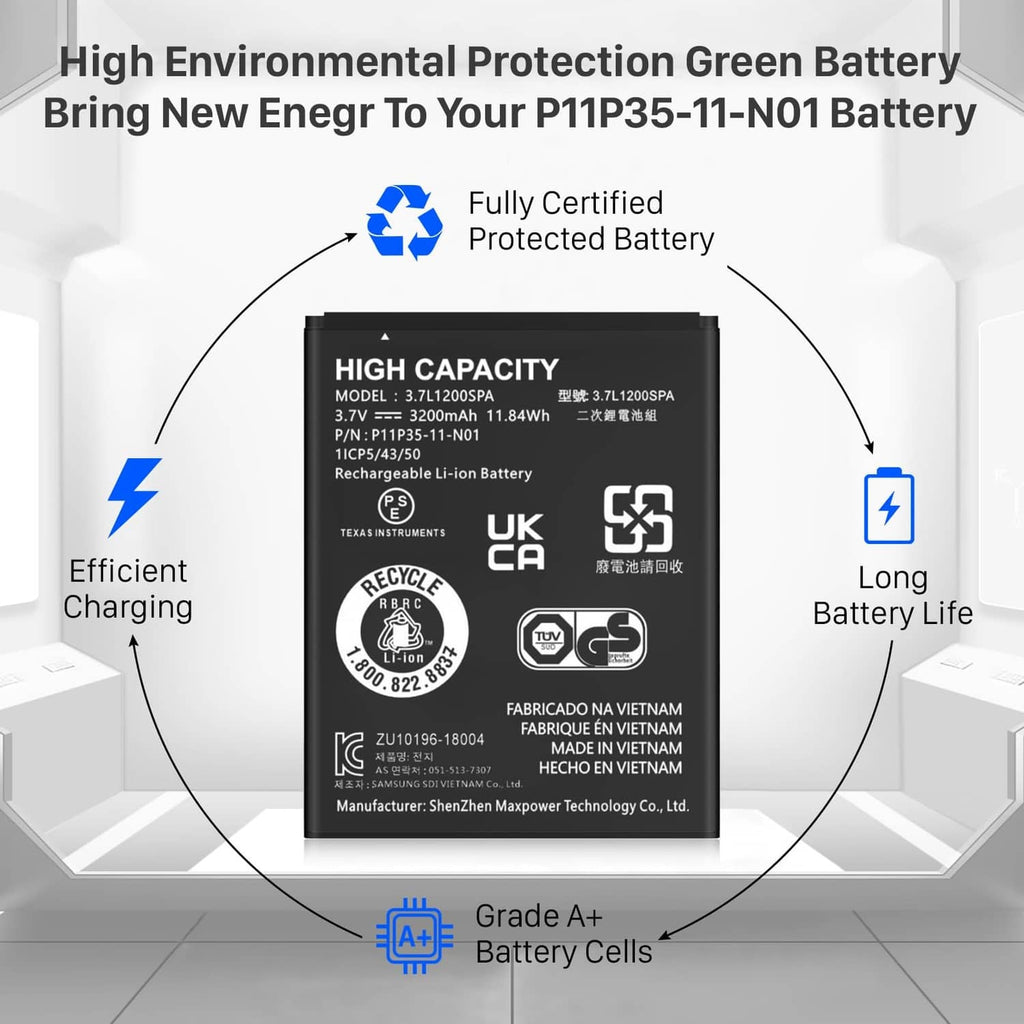 Black rechargeable Li-ion battery with recycle and certification icons