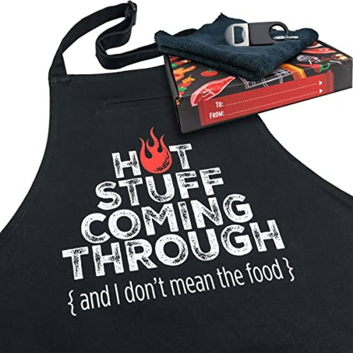 Black chef apron with “Hot Stuff Coming Through” slogan and neck strap, front view
