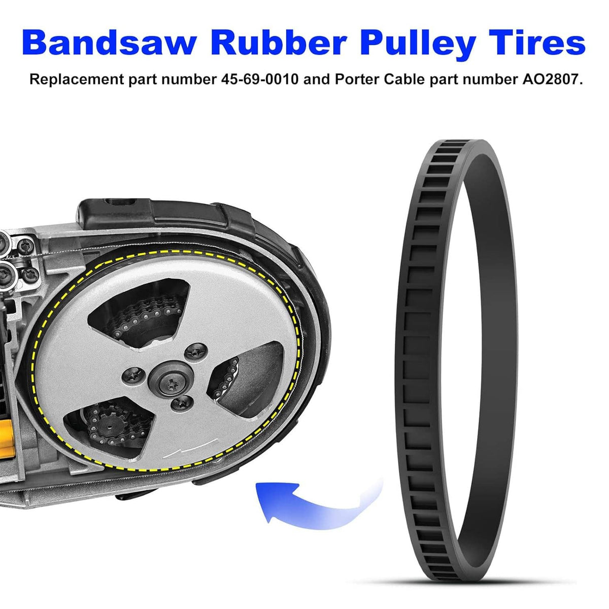 Black rubber bandsaw pulley tire with raised traction ridges, shown upright