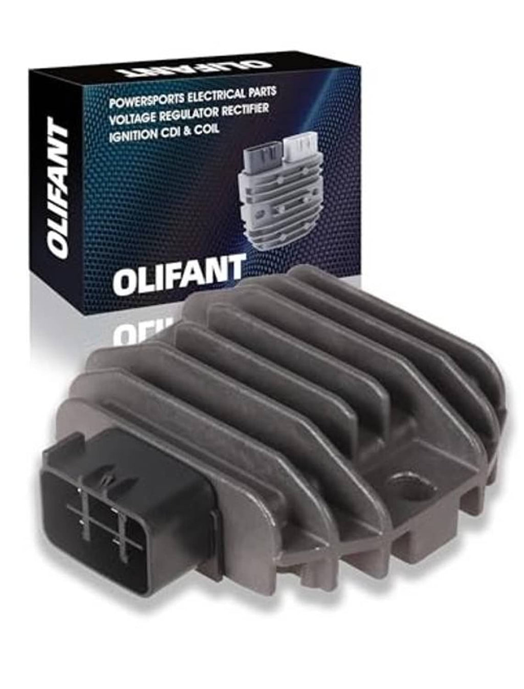 Voltage regulator rectifier with black finned heatsink and multi-pin electrical connector