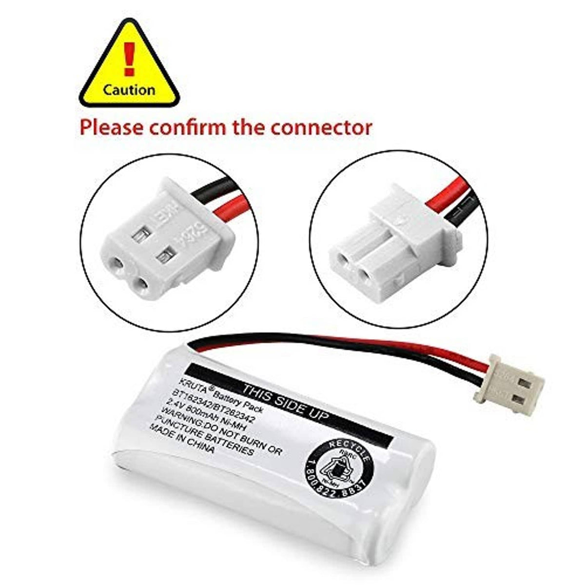 Cordless phone battery pack with connector detail, red/black wires and white plug