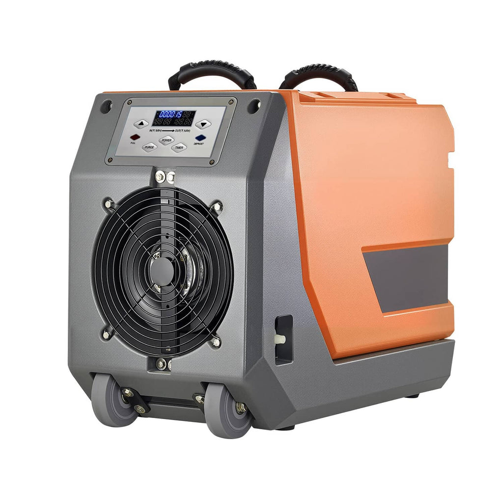 Commercial dehumidifier with control panel, circular fan grille, and wheeled cart design